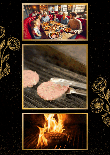 a collage of pictures shows a family sitting at a table eating food and a steak being cooked on a grill