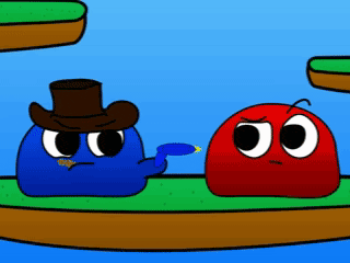 a blue cartoon character with a top hat is standing next to a red cartoon character with an angry face