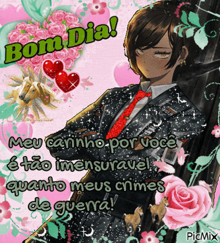 a picture of a girl in a suit and tie with the words bom dia written above her