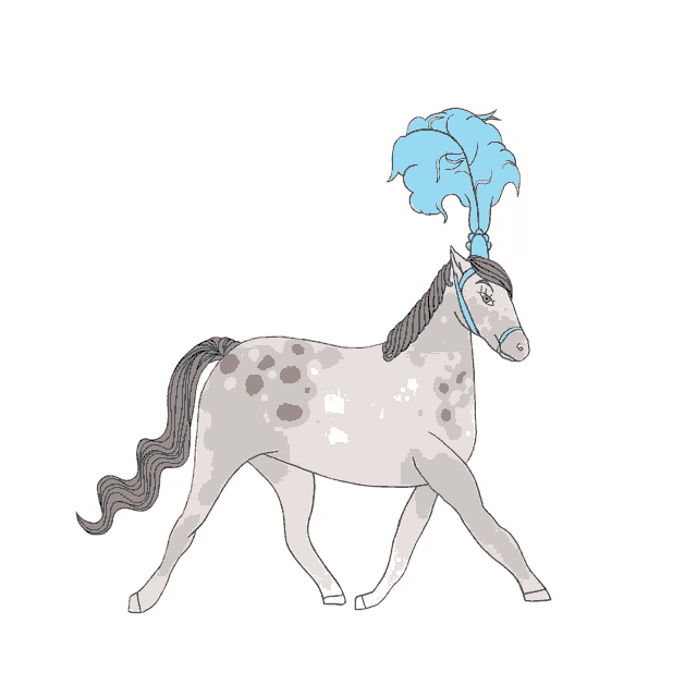 a drawing of a horse with a blue feather on it 's head