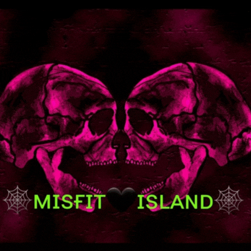 two pink skulls are kissing and the words misfit island are below them