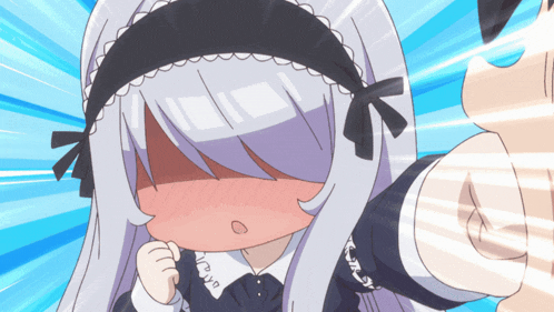 a girl with white hair and a black headband covering her face with her hands