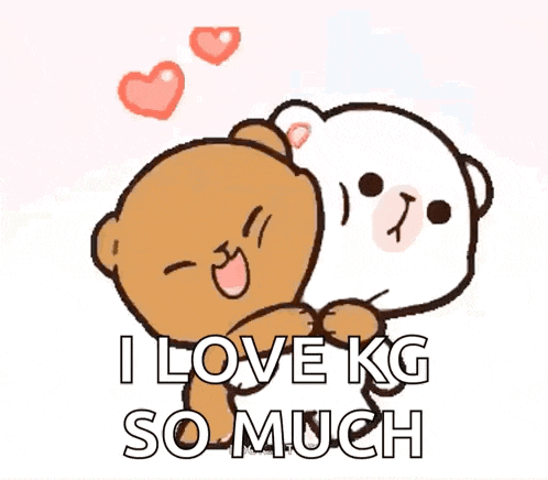 a brown and white teddy bear hugging each other with the words i love kg so much
