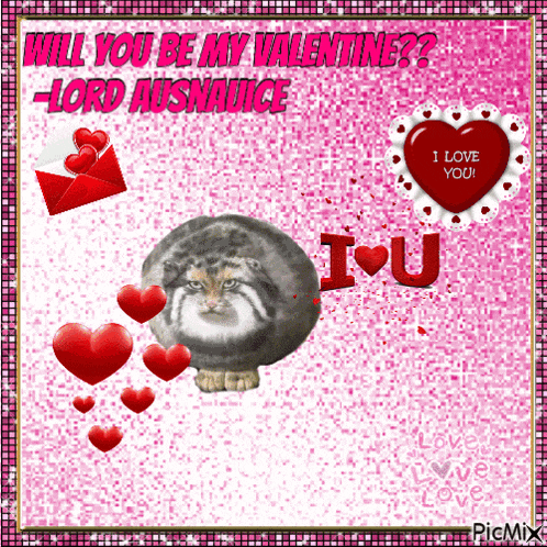 a valentine 's day card with a cat surrounded by hearts and the words will you be my valentine