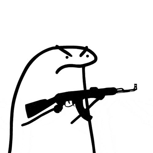a stick figure is holding a gun with a flame coming out of the barrel .