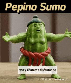 a figurine of a cucumber dressed as a sumo wrestler is on a table .
