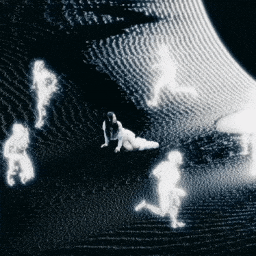 a woman laying on the ground surrounded by ghosts