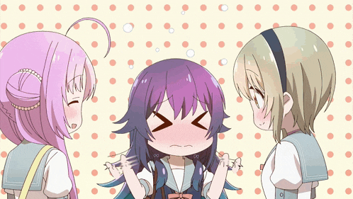 three anime girls are standing next to each other and one of them has purple hair