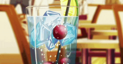 a glass of water with ice cubes , a cherry and a straw .