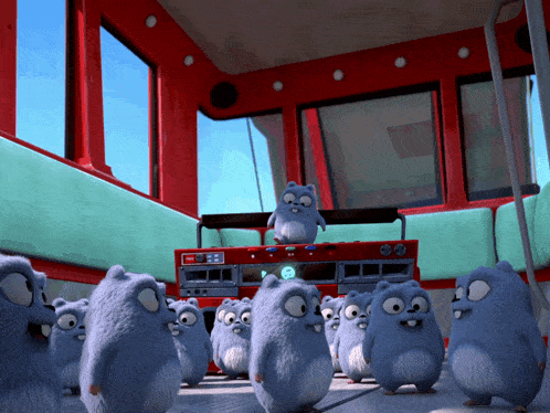 a group of cartoon animals are standing in front of a red box with a clock on it