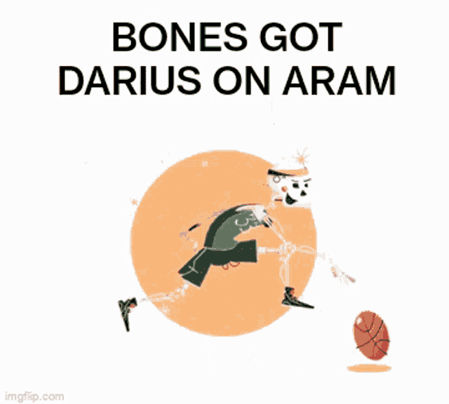 a cartoon of a skeleton playing basketball with the words bones got darius on aram below him