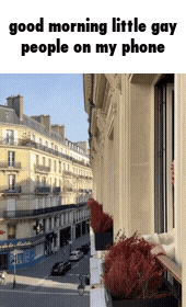a picture of a balcony with a caption that reads good morning little gay people on my phone