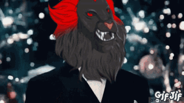 a gif of a man with a lion mask on