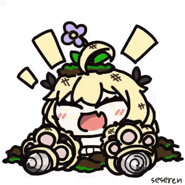 a cartoon of a girl with a flower on her head sitting in the dirt .