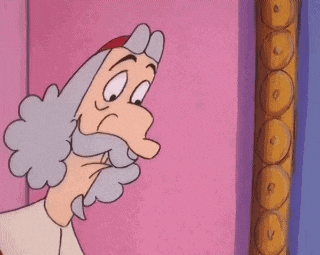 a cartoon character with a beard is talking to another cartoon character in front of a pink wall .