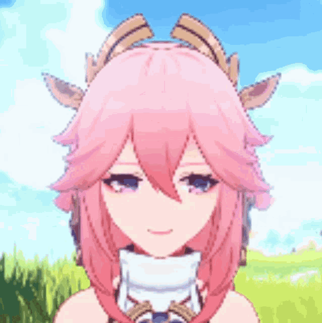 a close up of a pink anime girl with horns on her head standing in a field .