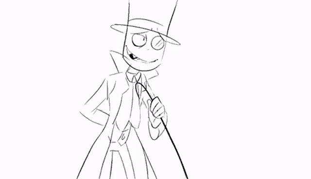 a black and white drawing of a cartoon character in a top hat and tie holding a cane .
