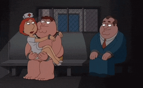 a cartoon of peter griffin and lois griffin kissing while a man in handcuffs watches