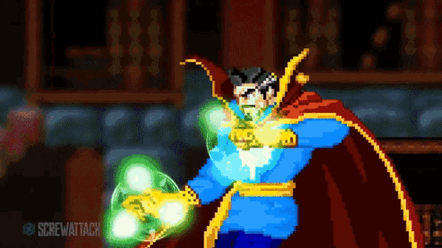 a pixel art of doctor strange with the words screwattack written below him