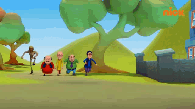 a group of cartoon characters are running in front of a nick sign