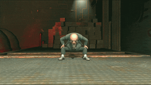 a bald man in a suit and white adidas shoes is standing on a concrete floor