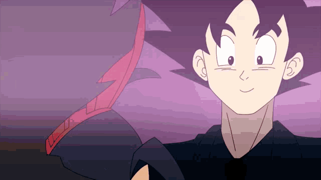 a cartoon character with a purple background and a black shirt
