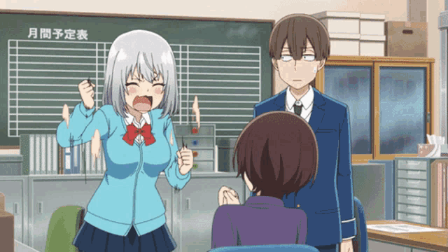 a group of anime characters are standing in front of a blackboard with chinese writing