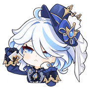 a cartoon of a girl with white hair and a blue hat holding a piece of paper .