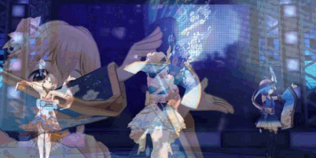 a group of anime characters are dancing on a stage in a dark room