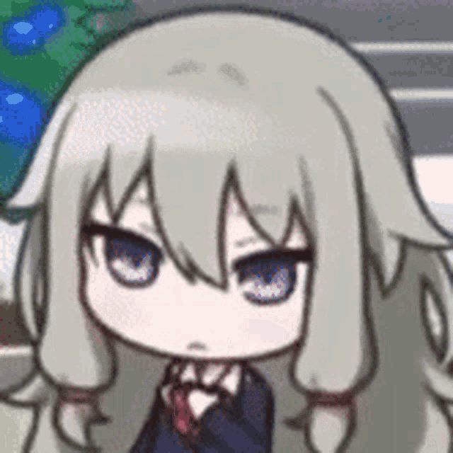 a cartoon girl with long grey hair and blue eyes is wearing a school uniform .