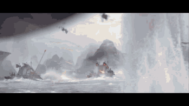 a painting of a battle in the ocean with a few ships in the water