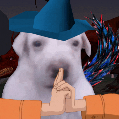a white dog wearing a blue hat is being held by two hands