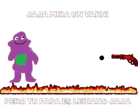 a cartoon of a purple bear standing next to a fire with a gun .