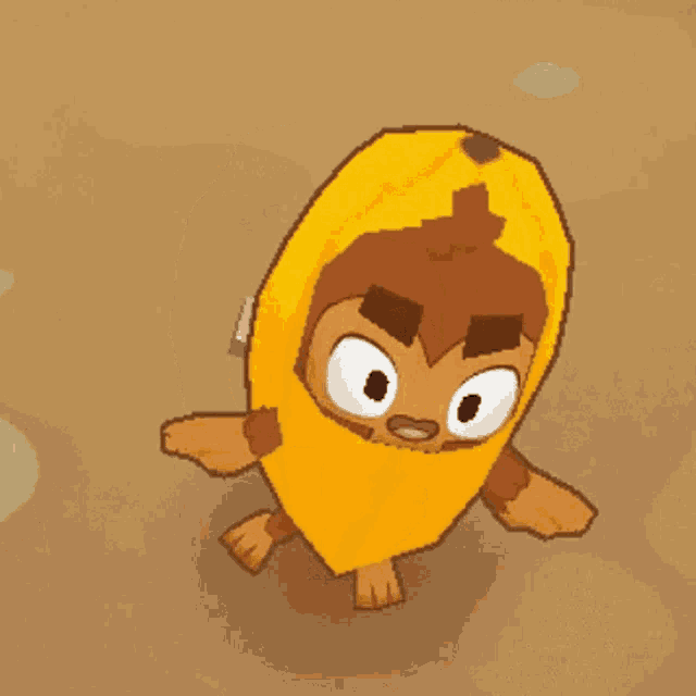 a cartoon monkey wearing a banana costume is walking on the ground .