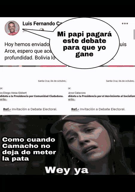 a woman is crying in front of a paper that says wey ya