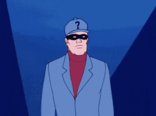 a cartoon character with a question mark on his cap