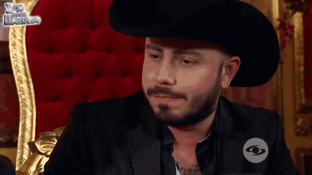 a man wearing a cowboy hat and a black suit is sitting on a chair