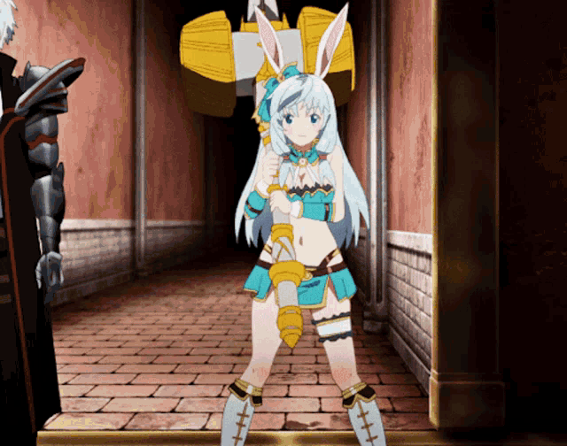 a girl with bunny ears is holding a sword in her hand