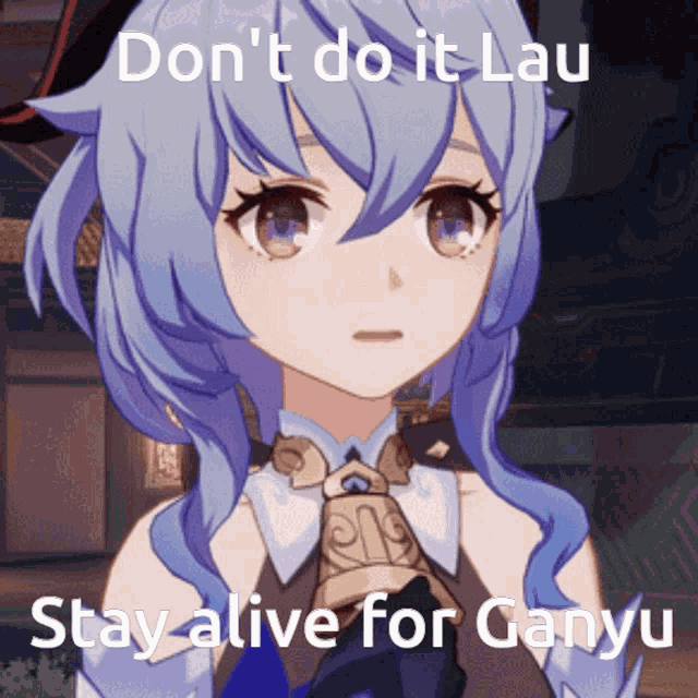a picture of a girl with the words " don 't do it lau stay alive for ganyu " on it