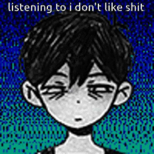 a black and white drawing of a boy with the words `` listening to i don 't like shit '' written on it .