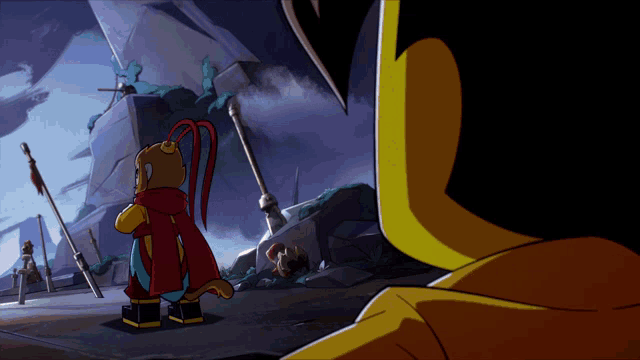 a cartoon of a monkey and a man with a sword