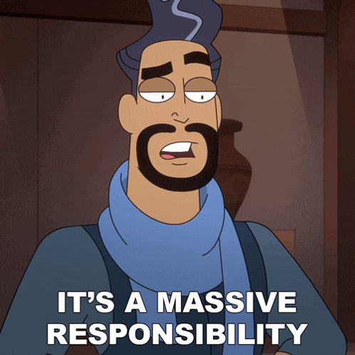 a cartoon character says it 's a massive responsibility in a dark room