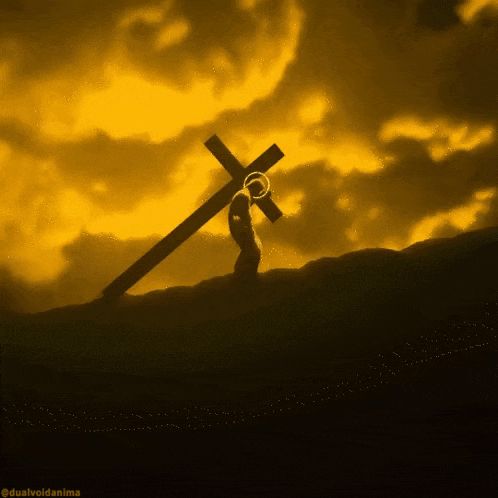 a painting of a man carrying a cross with the words dualvoidanima below it