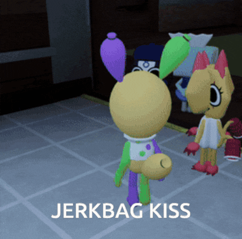 two stuffed animals are standing next to each other with the words " jerkbag kiss " on the bottom