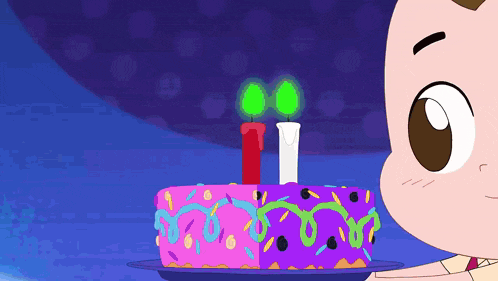a cartoon character is holding a birthday cake with two candles on it