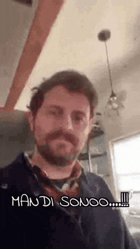 a man with a beard and mustache is standing in a kitchen with a ceiling fan .
