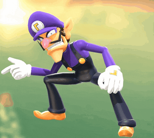 a cartoon character with a purple hat and a letter l on it