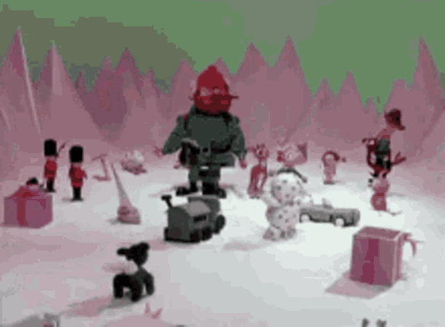 a cartoon scene of santa claus surrounded by toys