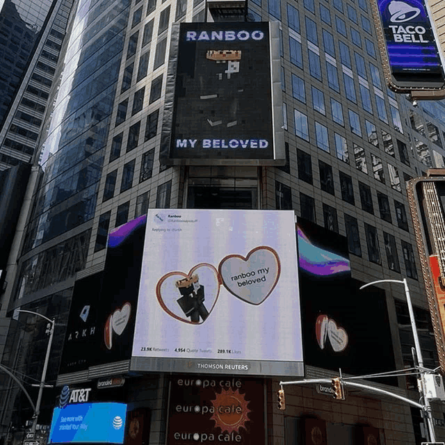 a large advertisement for ranboo my beloved is displayed on the side of a building