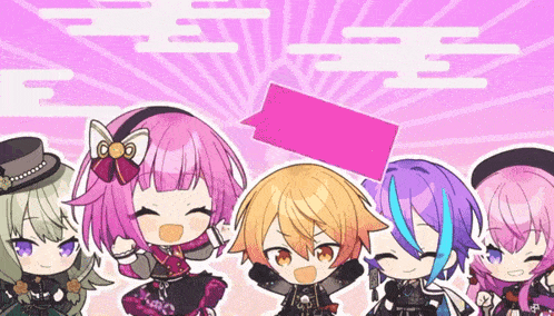 a group of anime characters are standing next to each other with a pink sign in the middle .